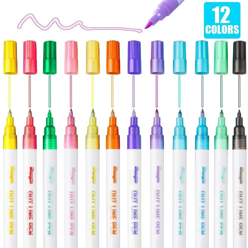 8-12 pcs Color 0.7mm Double Lines Contour Art Markers Pen Highlighter Sketching Diary Scrapbooking Stationery