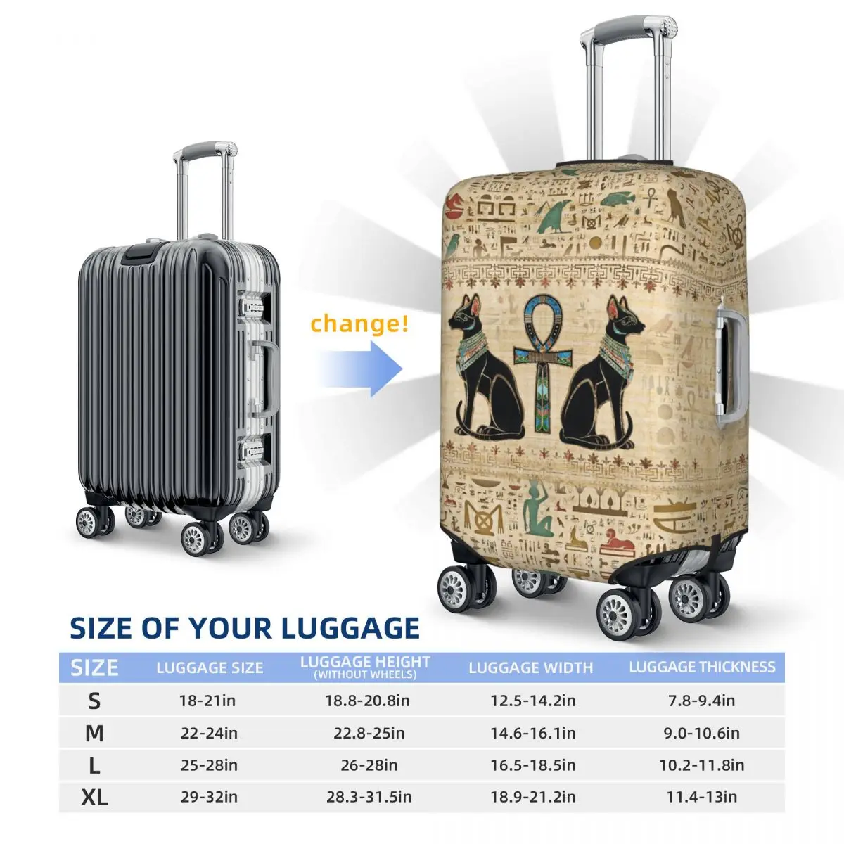 

Egyptian Cats And Ankh Cross Suitcase Cover Protection Elastic Travel Luggage Protector Covers for 18-32 Inch