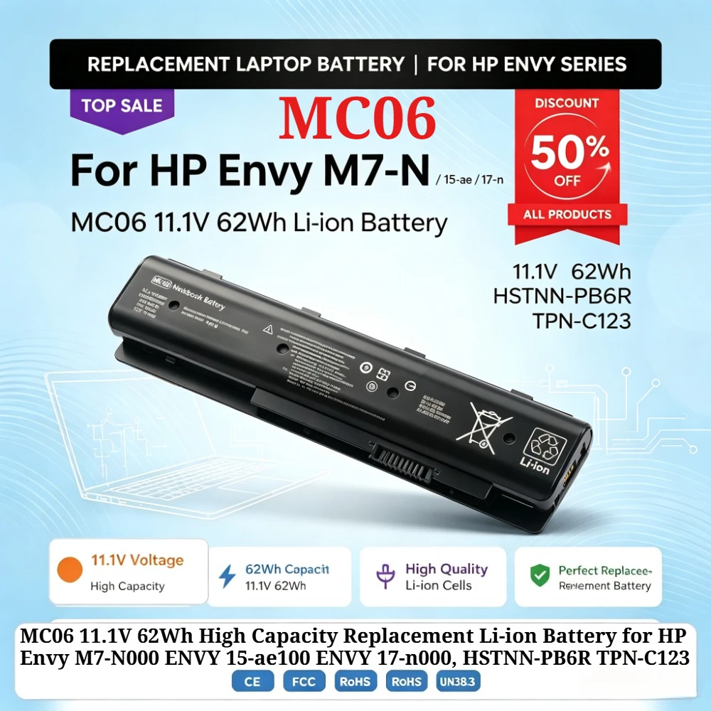 MC06 11.1V 62Wh High Capacity Replacement Li-ion Battery for HP Envy M7-N000 ENVY 15-ae100 ENVY 17-n000, HSTNN-PB6R TPN-C123