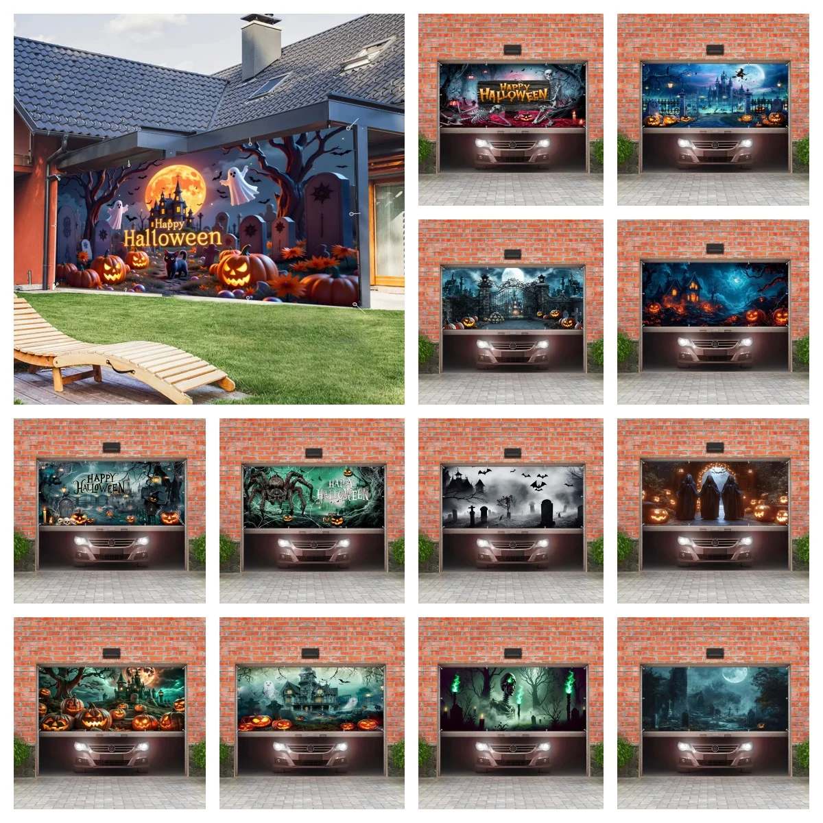 Happy Halloween Garage Door Background Horror Moon Night Castle Pumpkin Lantern Ghost Garage Wall Frame For Home Courtyard Decor
