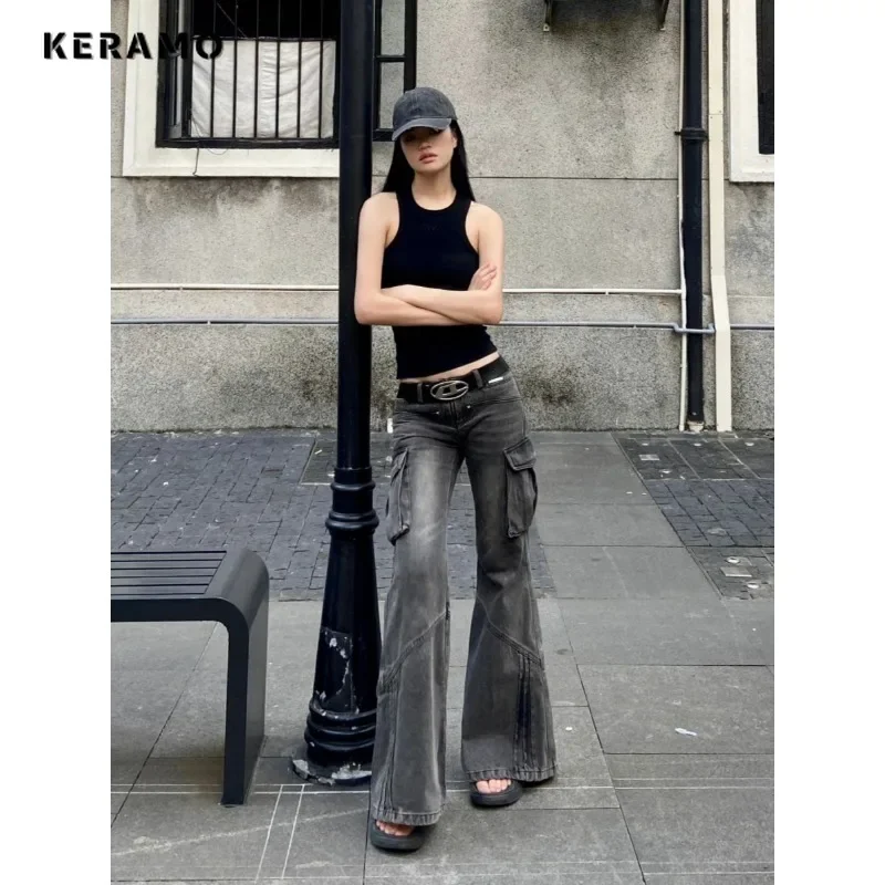 American Vintage High Waisted Straight Y2K Grunge Jeans Women's Casual 2000s Flared Pants High Street Washed Denim Trouser