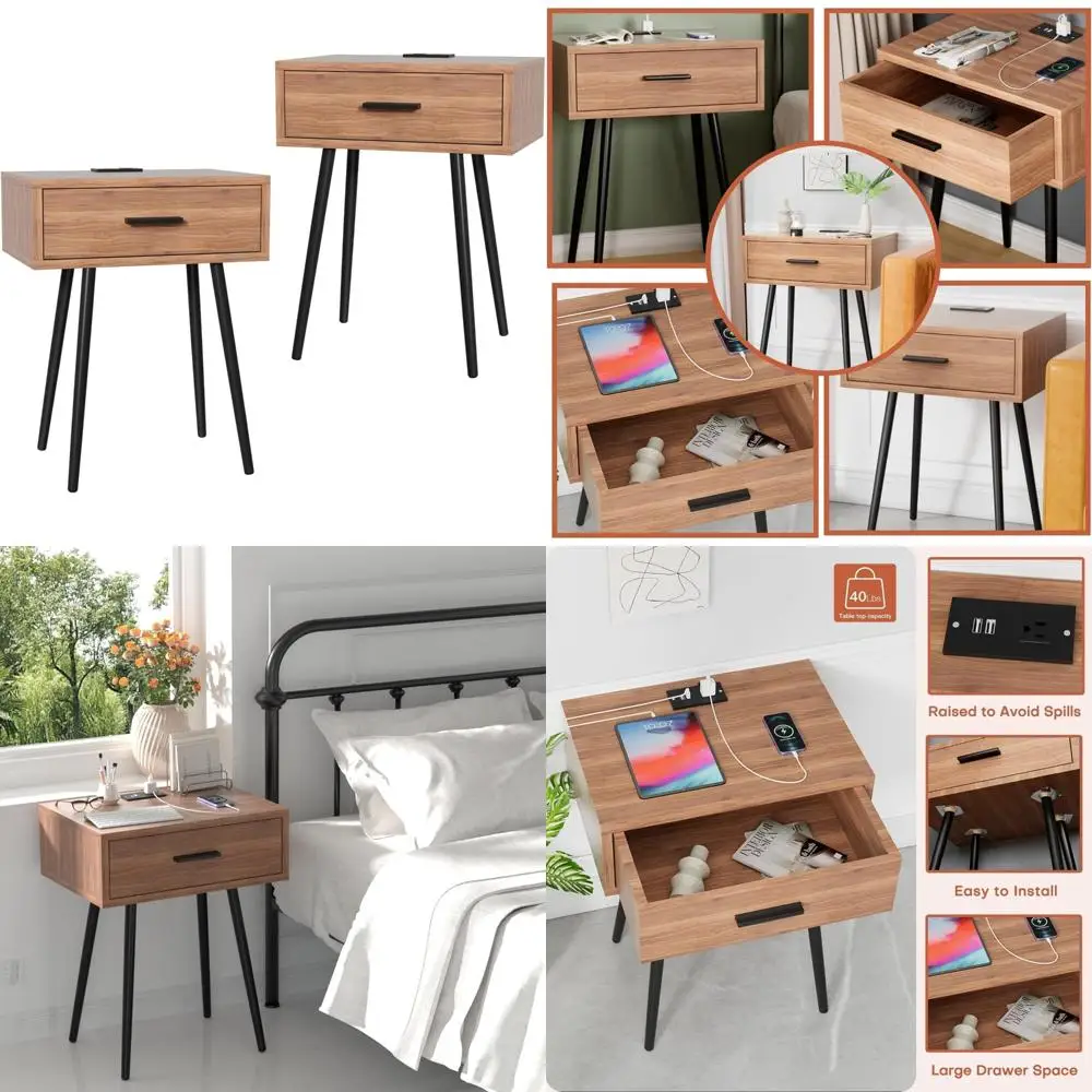 

2-Tier Nightstand with Charging Port and Wooden Drawers - Ideal for Small Spaces, Bedroom Side Table