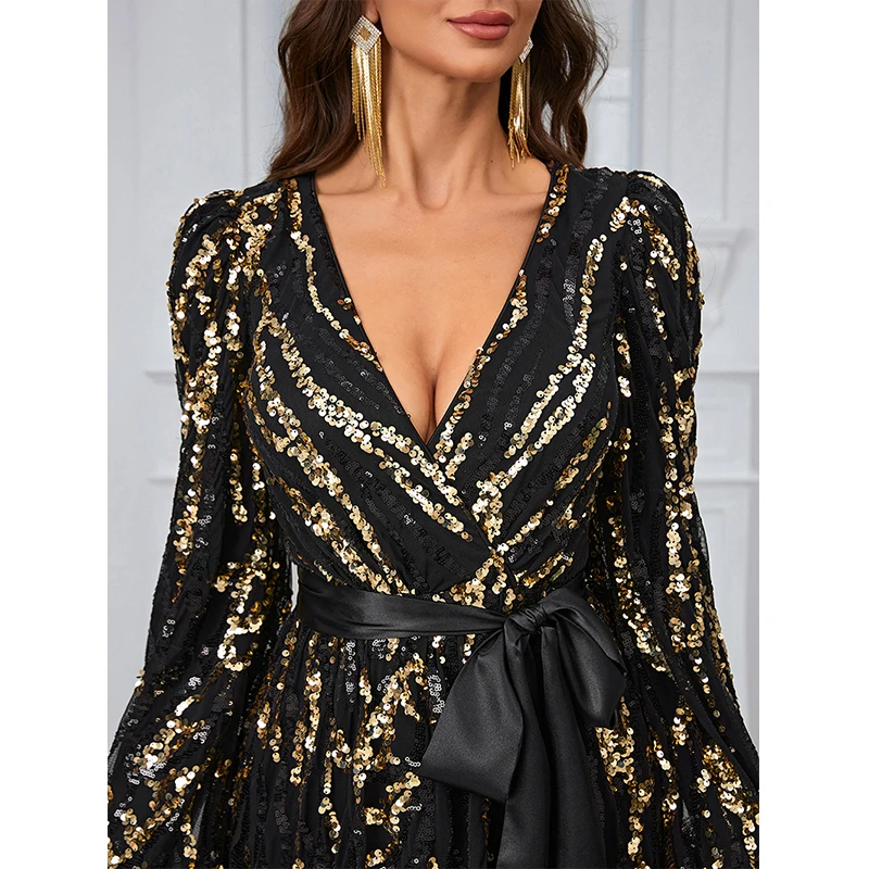 Women Elegant Lantern Sleeve V Neck Split Black Gold Sequined Evening Party Cocktail Long Maxi Mermaid dresses