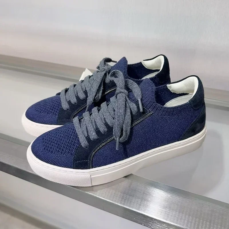 Women Knit Breathable Sneakers Spring Autumn Thick Sole Lace Up Casual Shoes Round Toe String Bead Flat Shoes Light Tennis Shoes