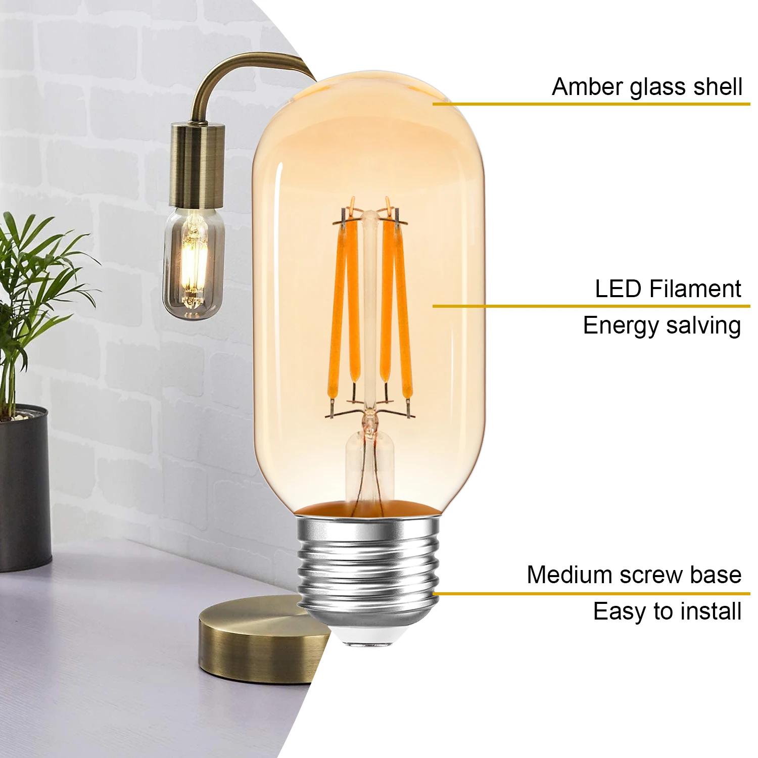 T45 lampu Led tabung E27 220V kaca Amber 4W, lampu filamen cahaya dapat diredupkan, lampu gantung liontin putih hangat dekorasi rumah