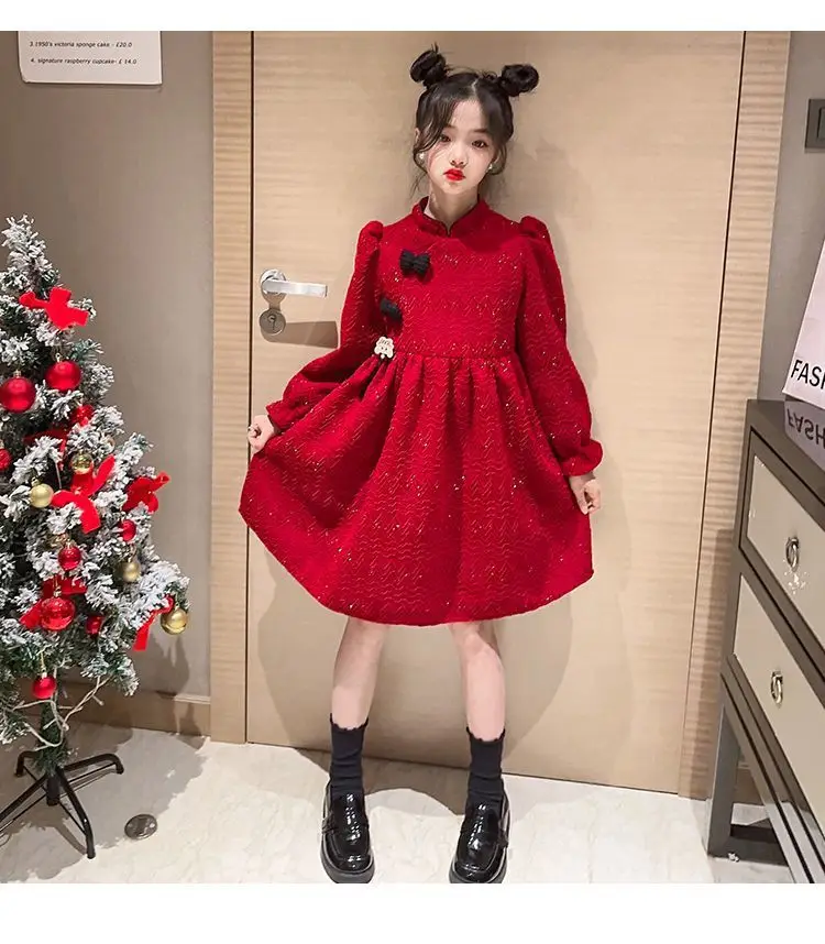 2024 autumn winter Kids Girls solid retro red Cheongsam Qipao Princess Teens New Year Dresses wool velvet Clothes 8 10 12 year