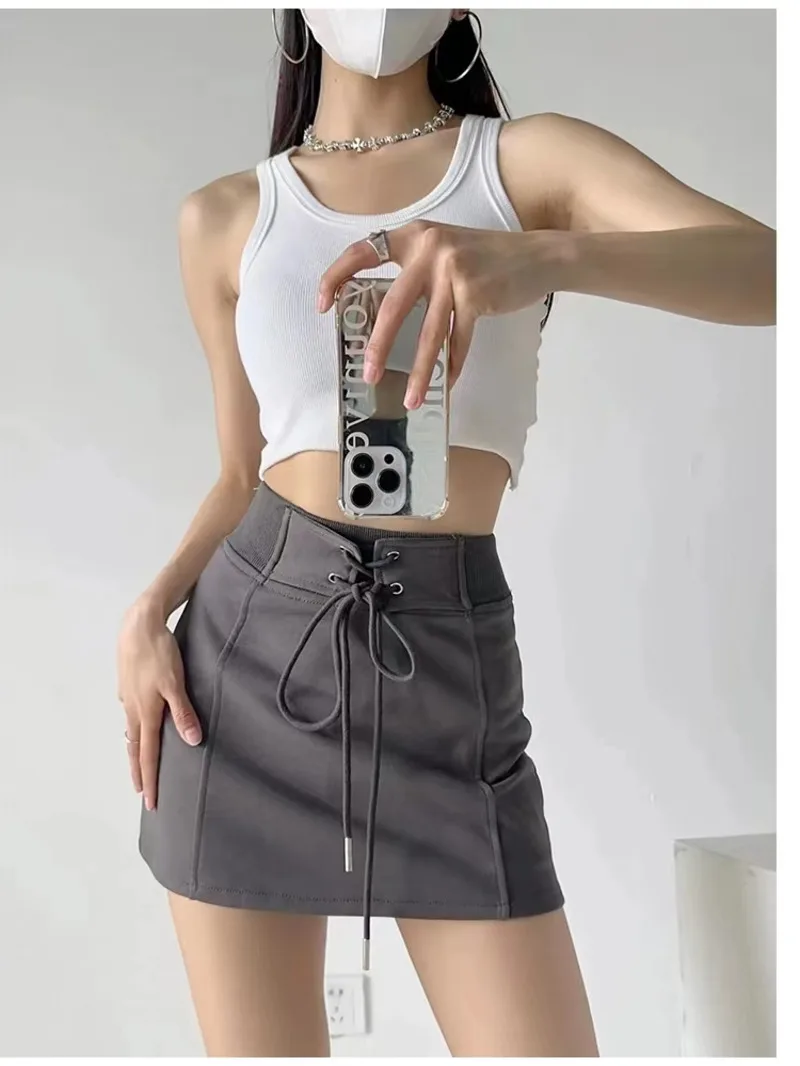 

Casual Sports Style Small Short Skirt Women Summer New Cross Drawstring Versatile High Waisted Wrap Hip A-line Skirt D462