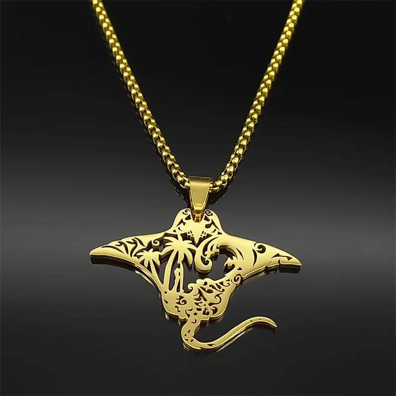 Nette Manta Ray Meer Teufel Fisch Anhänger Halskette Für Frauen Männer Edelstahl Gold Silber Farbe Kokospalme Natur Kette Schmuck – Detail 8