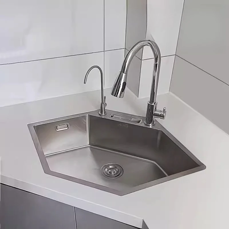 Stainless steel handmade trough corner corner kitchen vegetable basin special-shaped hexagonal sink embedded under the counter