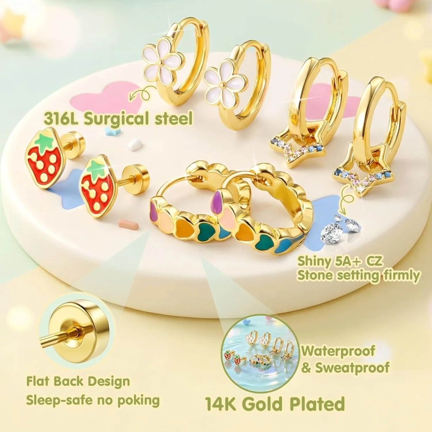 Bobisty 1Piece Hypoallergenic Flat Back Earrings for Women Surgical Steel Earrings Cute Earring 14K Gold Plated Stud Hoops Jewel