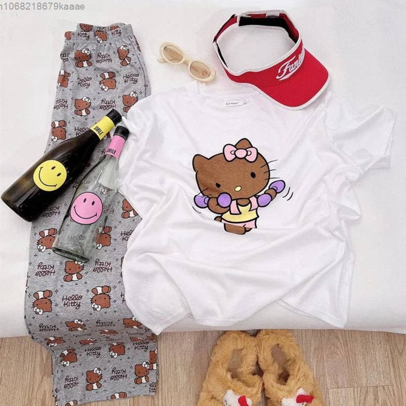 Sanrio Hello Kitty Cute Home Clothes Summer Short Sleeve T-shirts Pants 2 Piece Set Women Pajamas Suit Y2k Kawaii Tops Trousers