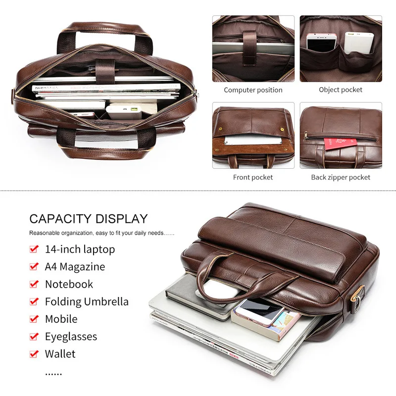 New Retro Genuine Leather Men's Briefcase Large Capacity Computer Business Shoulder Crossbody Bag Casual Cowhide Handbag for Men