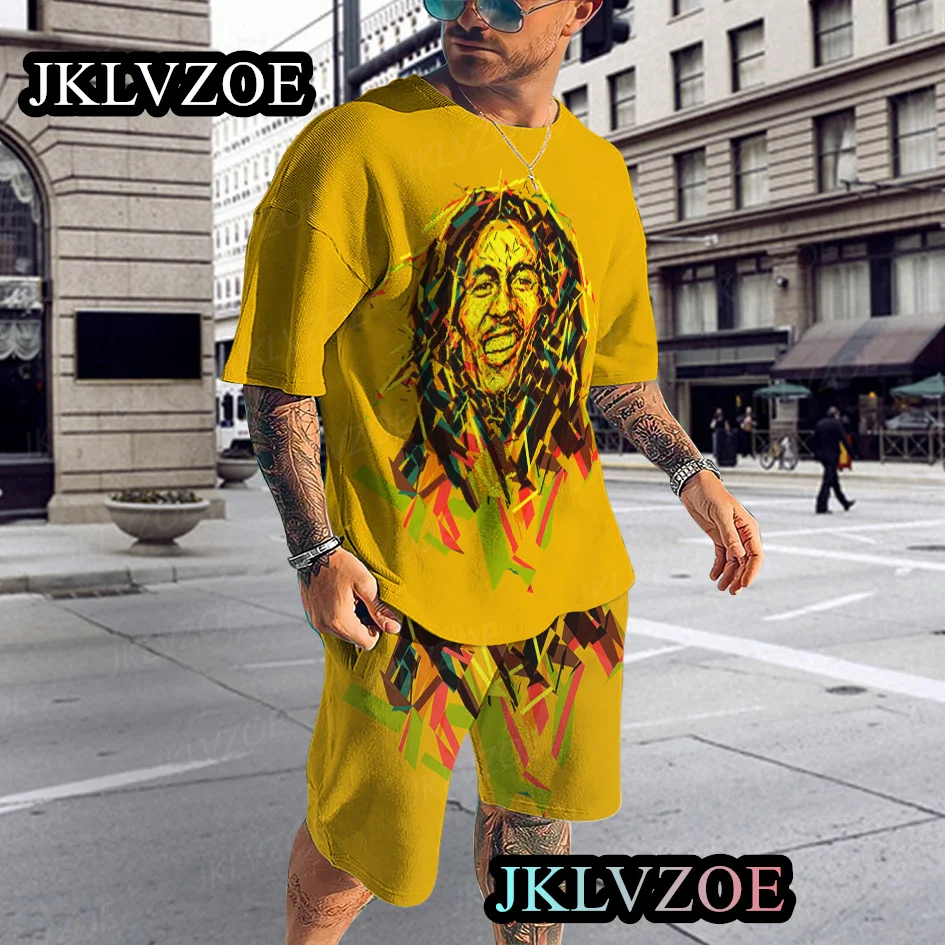 Letni męski dres zestaw Oversized Bob Marley letni 2-częściowy strój sportowy koszulka męska spodenki dorywczo Reggae garnitur muzyczny