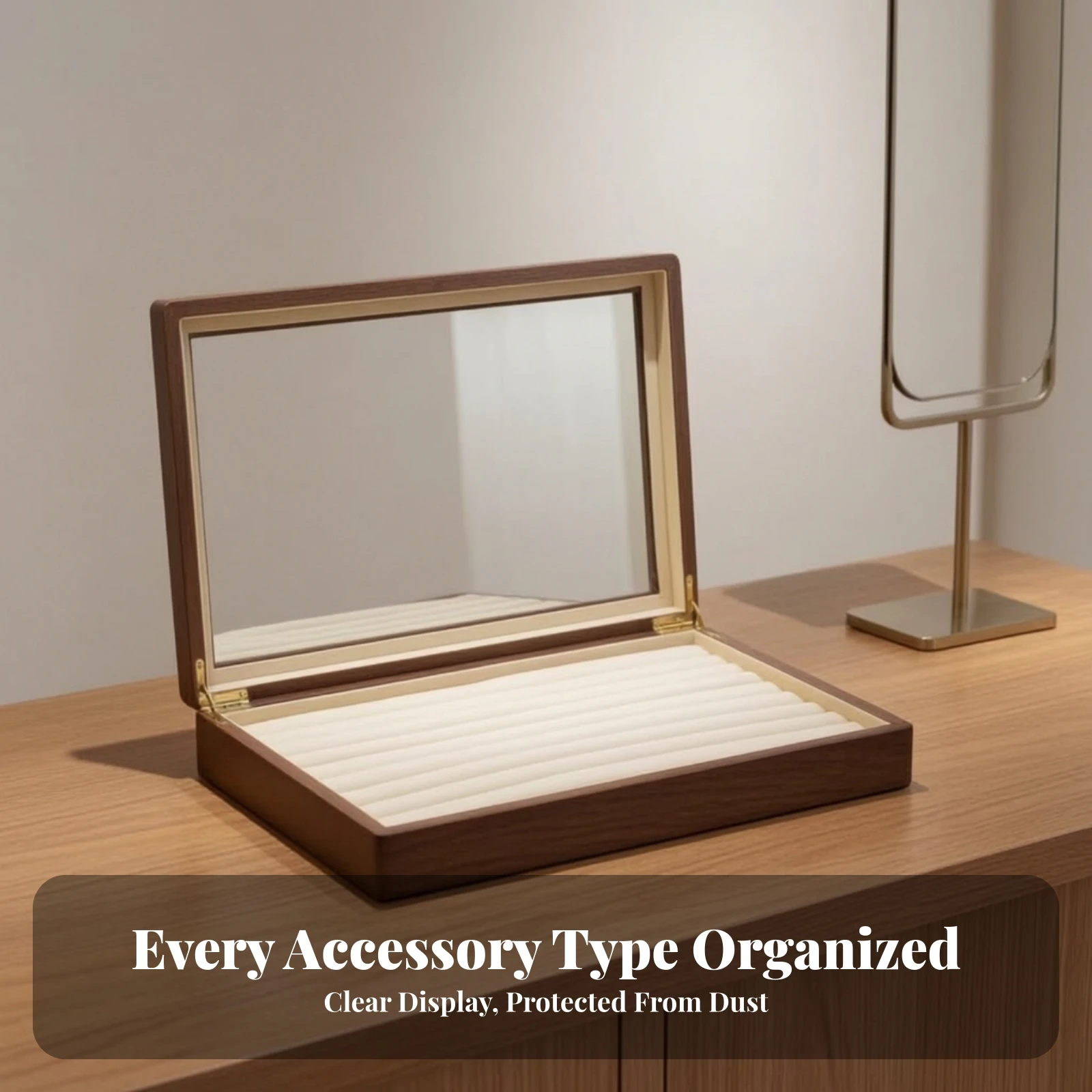 Jewelry Display Storage Box Secure Jewelry Storage Tray with Glass Lid for Dresser, Vanity