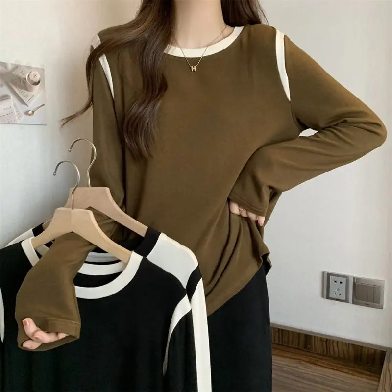 

Casual Contrasting Colors T-shirt Autumn Winter Fashion Patchwork Women's Clothing Round Neck Loose Basic Long Sleeve Pullovers