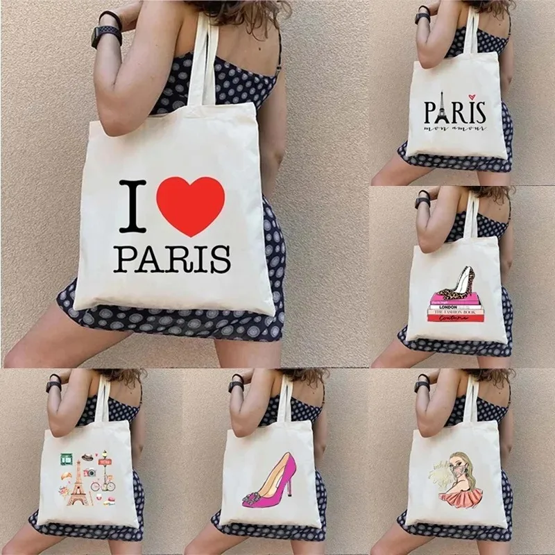 Retro Eiffel Tower Paris France Women's Fashion Shoulder Bag Canvas Eco Large Capacity Portable Shopping Bag Travel Handbag