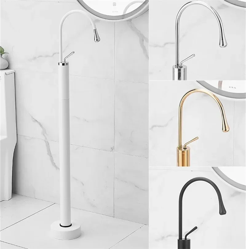 

Gold Bathroom basin Faucet Brass Floor Standing Bathtub Hot and Cold Tap super long water drop design black sink