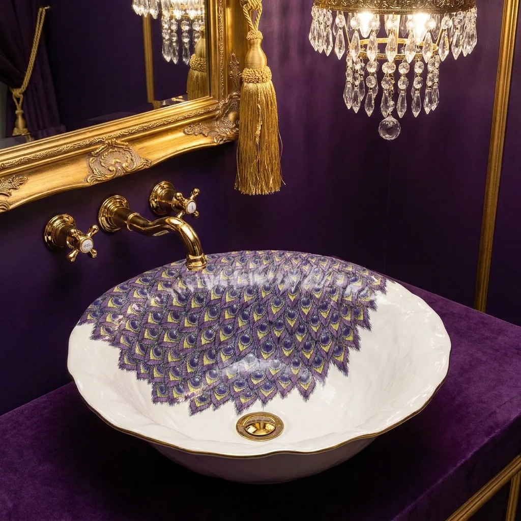 R*# Modern Flower Basin with Relief and Peacock Patterns High Temperature Ceramic Countertop Sink for Bathroom