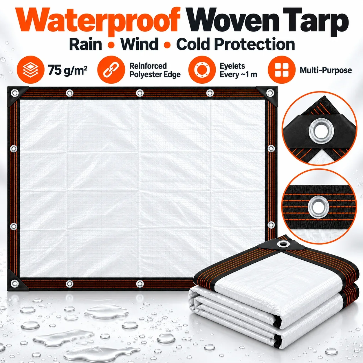 White Waterproof Woven Tarp 75gsm Rainproof Windproof Cold Protection Sheet Reinforced Eyelets for Patio Fence Car Cargo Plants