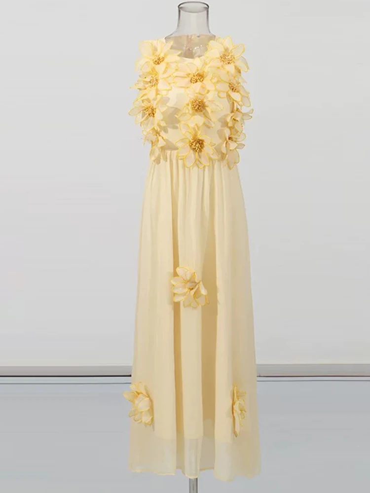 Abito senza maniche in vita floreale tridimensionale di alta qualità da donna estivo nuovo girocollo temperamento grande altalena a vita alta dres