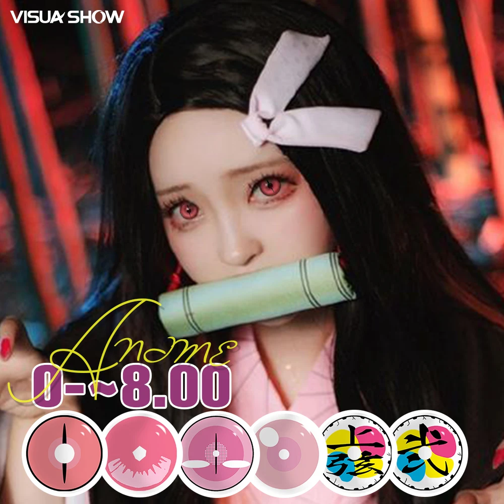 VISUASHOW Myopie -1,00 bis -8,00 Douma Tanjir Anime Cosplay Farbige Kontaktlinsen Weiche Augenlinsen Beauty Colorcon Linsen