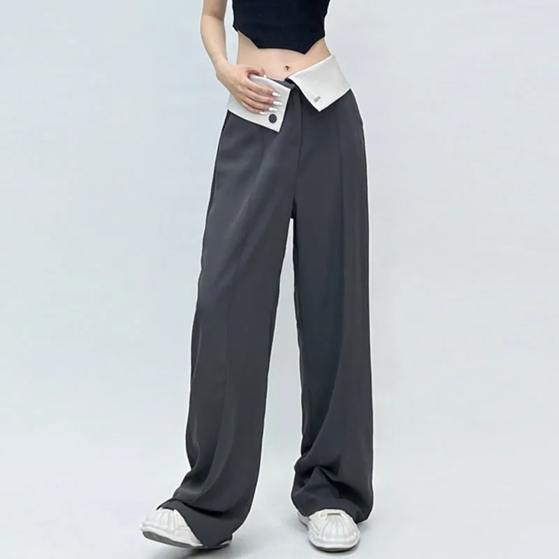 Streetwear Women Yuppie Style Flip Waist Suit Pants Female Summer High Waist Draped Casual Wide Leg Straight Pants