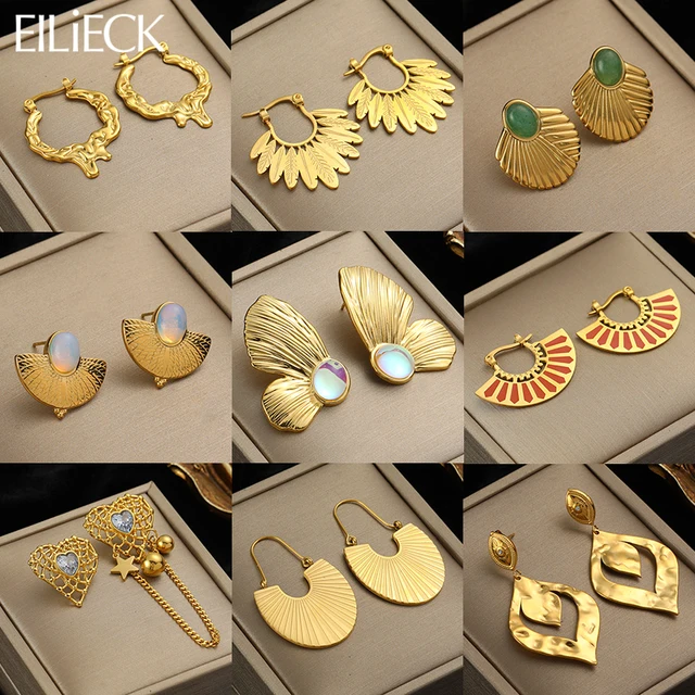 EILIECK 316L Acero inoxidable Color dorado abanico geométrico bohemio gota pendientes de aro para mujer encanto oreja colgante joyería regalo de fiesta