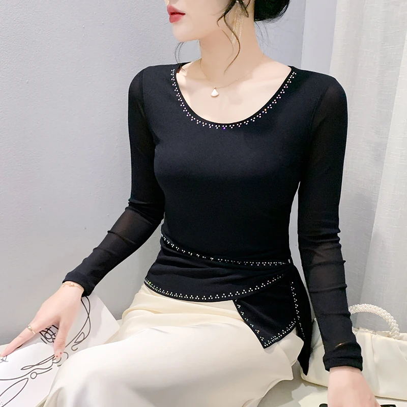 Dingaozlz Chic Style Women Clothes Diamonds O-neck Solid T-shirt Long Sleeve Casual Mesh Tops Female Tees