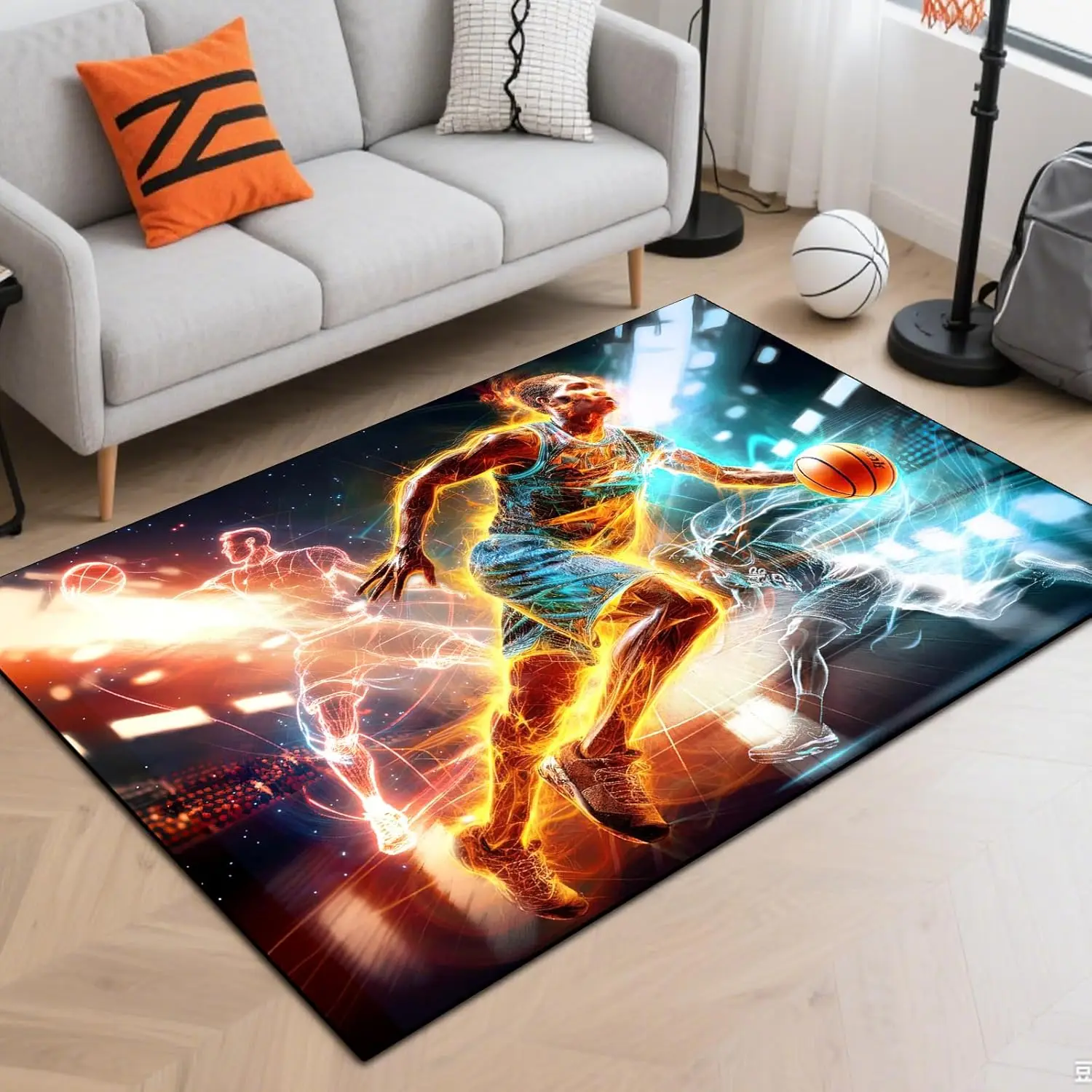 Basketball Player Area Rug Fire Effect Non Slip Floor Mat For Kids Room Game Room Bedroom Home Decor Carpet