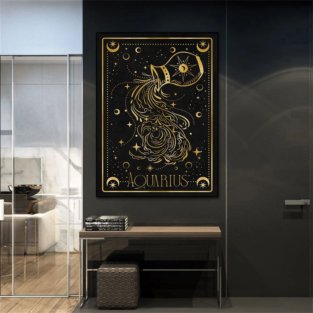 Zodiac Astrology Wall Art Poster, Black Gold Tarot Constellation Canvas Print, Celestial Mystic Picture for Bedroom Home Decor