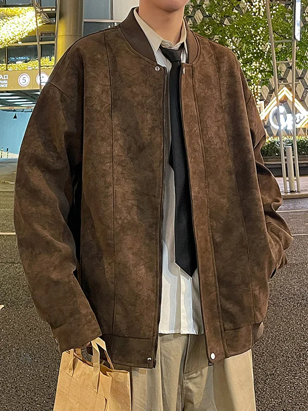 

Retro American Suede Jaet Men's Autumn Winter Trendy Large Size Loose Haome Baseball Jaet Coat Warmth Polyester Fiber
