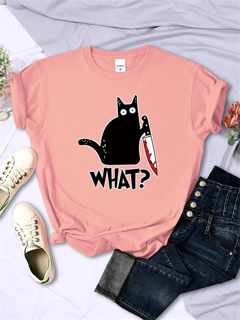 Kitchen Knife Black Cat Wha? Print Female Short Sleeve Fashion Breathable T-Shirts Summer Cool Tee Clothes Street Hip Hop Tops