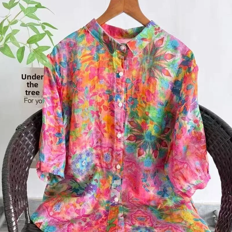 Loose Large Size Cotton Shirt Women's Short Sleeve Printed Casual Breathable Comfortable Summer Top Artistic Abstract Oil Pai...