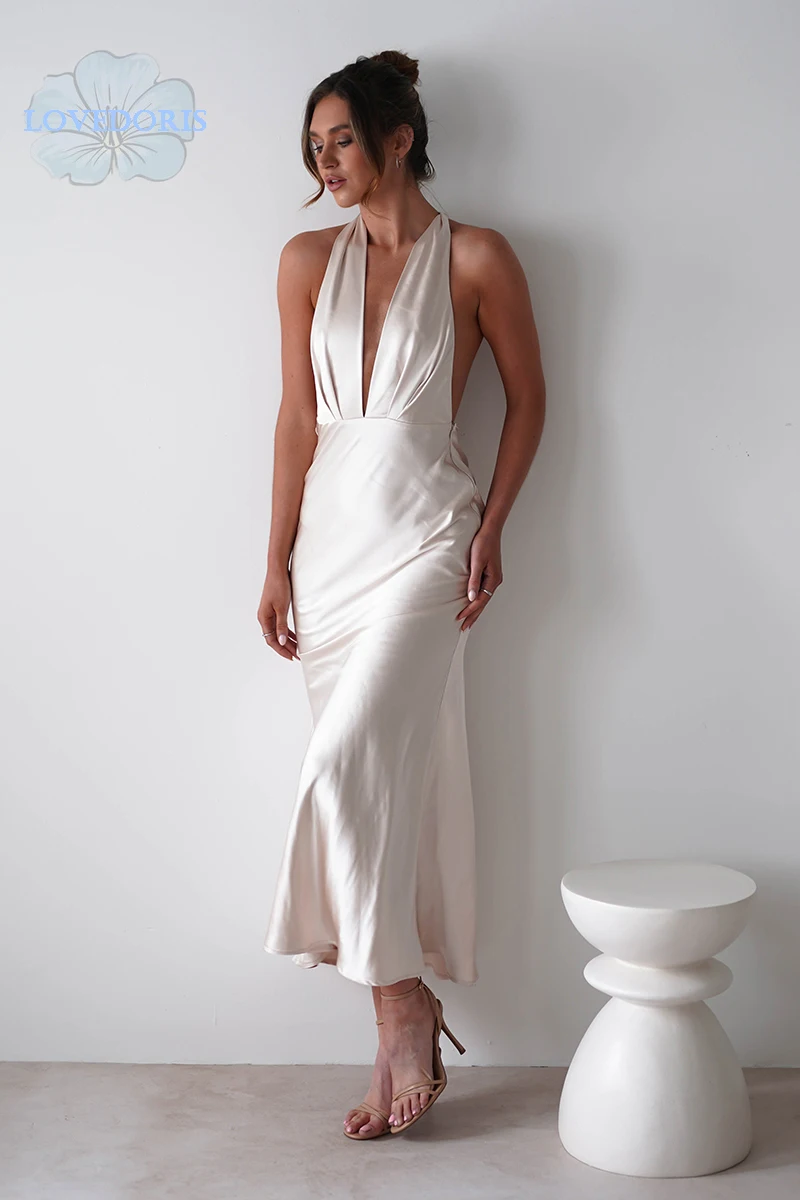 LoveDoris-Backless cetim Halter dama vestido, vestido de noite Sexy, Off White, Prom Party, Personalizar