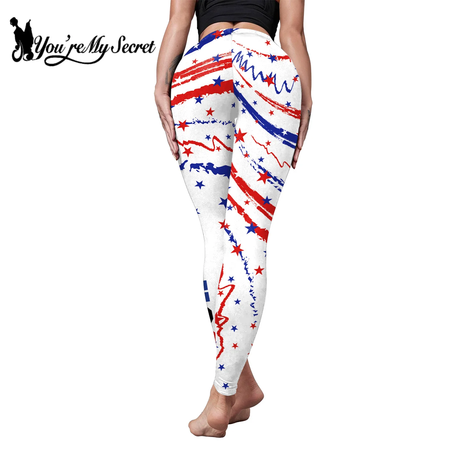 [You\'re My Secret] Women High Elastic Leggings Tights Sexy Pencil Pants Slim Trousers Female Flag Stripe Star Print Leggings