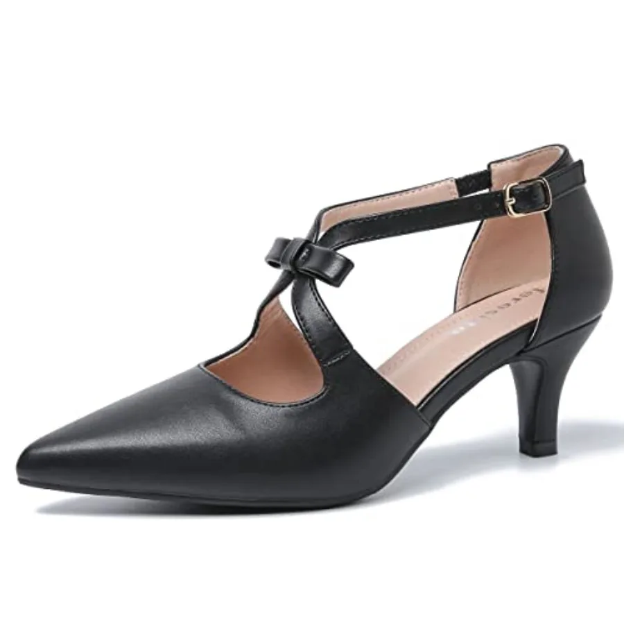 

fereshte Women's Kitten Heels T Strap 2 Inch Low Heel Bow Pointed Toe D'Orsay Dressy Pumps
