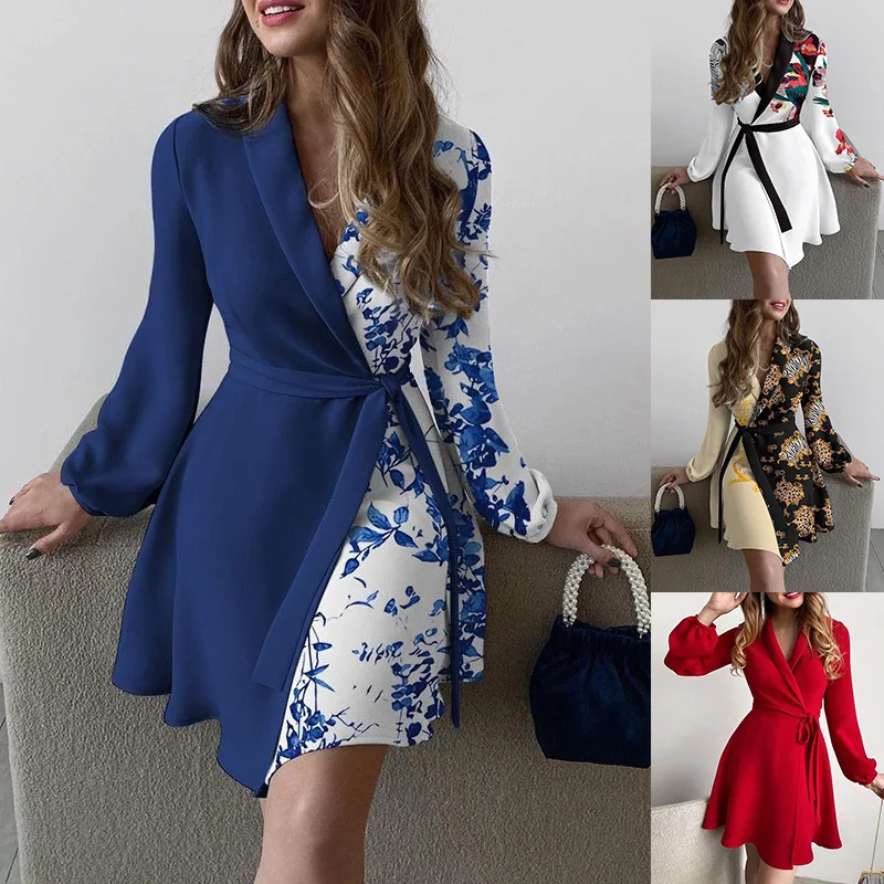 

Women's Dresses Floral Printed Lapel Collar V Neck Lace Up Long Sleeve Lace Up Dress Vintage Fashion Office Lady 2024 New