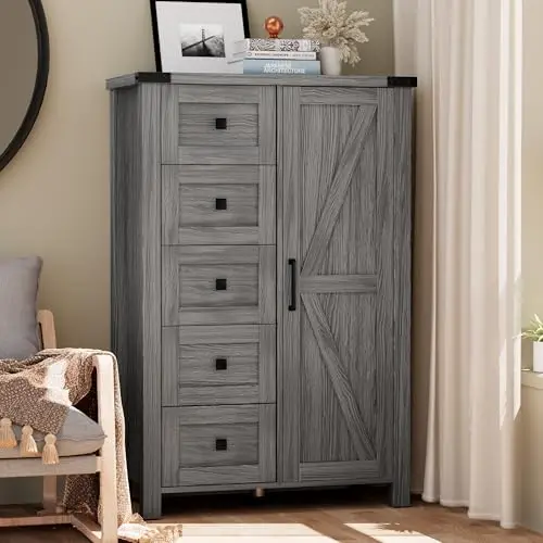 Farmhouse Dresser Storage Cabinet Chest of Drawer for Bedroom, 5 Drawer Dresser with Barn Door, 48 Inch Tall Grey Wood