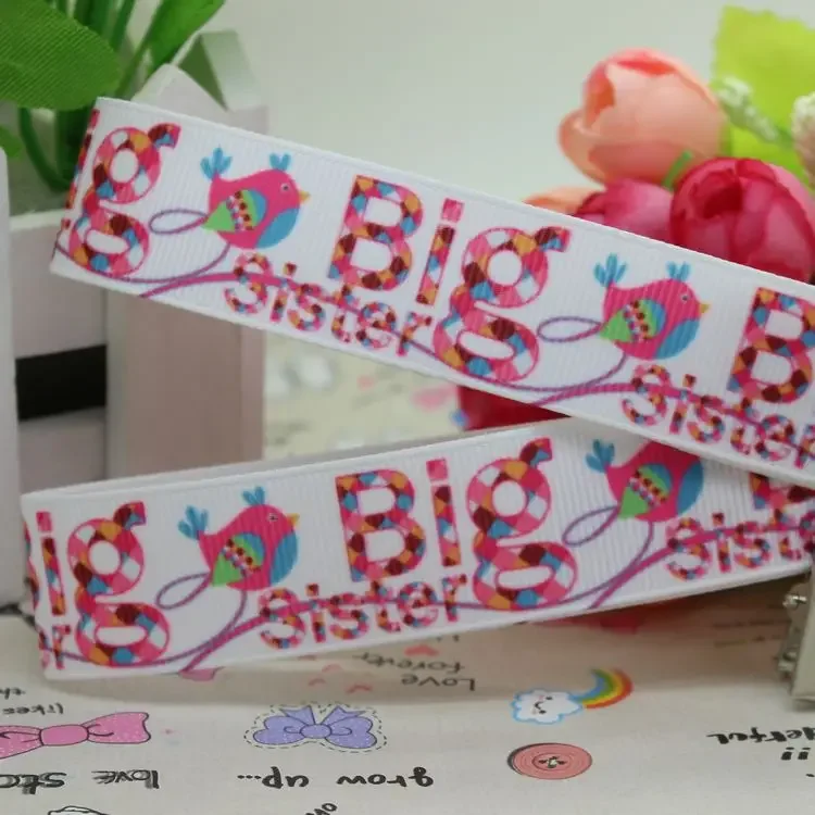 7/8''  big little sister printed grosgrain ribbon hairbow headwear party decoration diy wholesale OEM 22mm D209