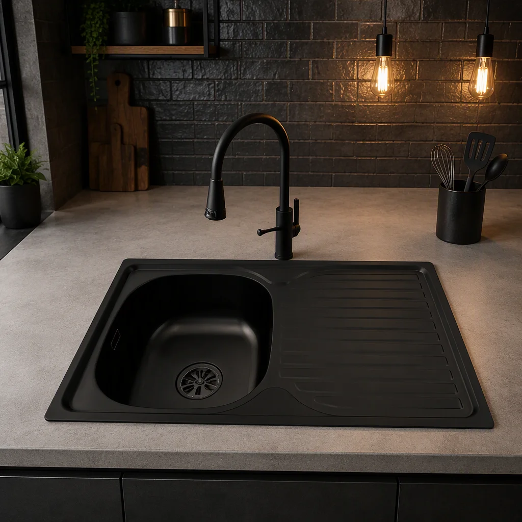 Stainless Steel Single Bowl Kitchen Sink With Drop-In Installation Matte Black Finish Direct Sand Matte Black Surface