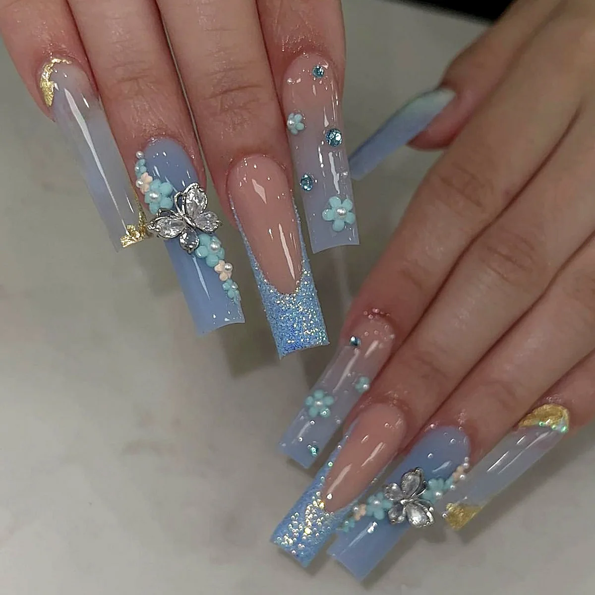 

3D fake nails beautiful blue for autumn season long french coffin tips with butterfly flowers rhinestones press on false nails