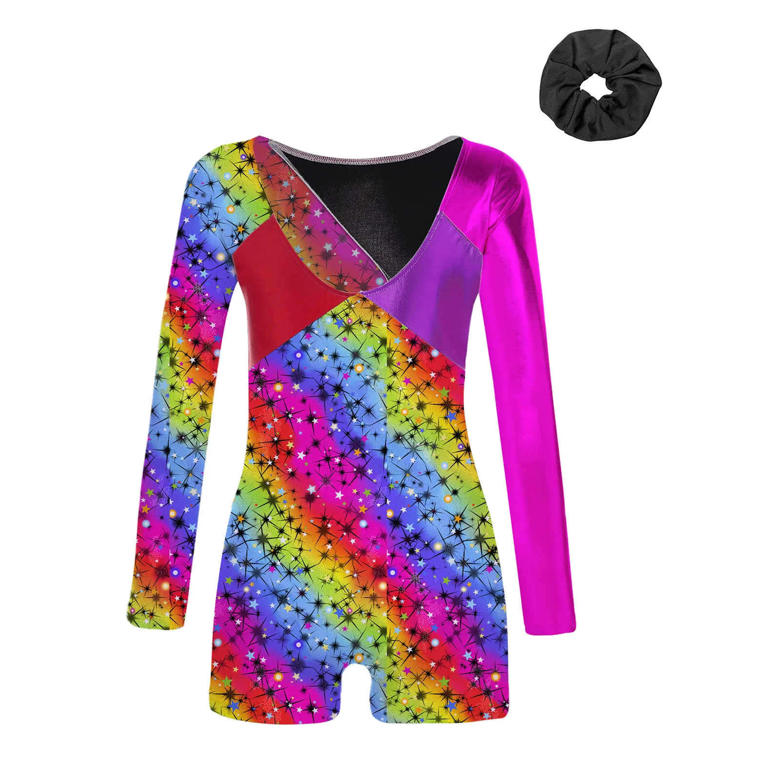 어린이 소녀 체조 발레 댄스 레오타드 긴 소매 메탈릭 샤이니 프린트 바디수트 피겨 스케이팅 요가 수영 스포츠 피트니스용