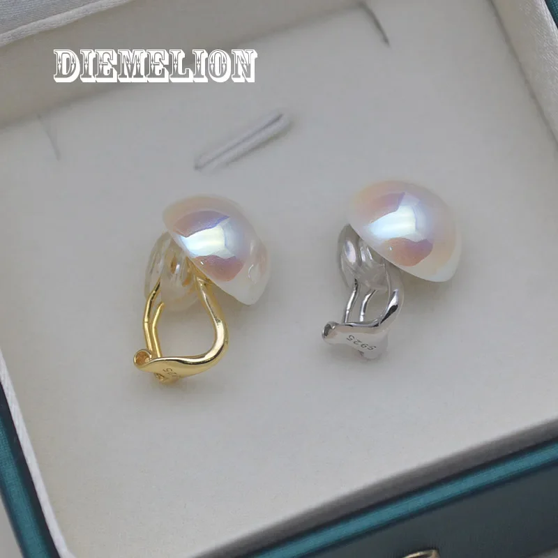 No Piercing Natural 14mm Button Shell Pearl Ear Clip on Earrings 925 Sterling Silver No Hole Earring for Women Wedding Jewelry