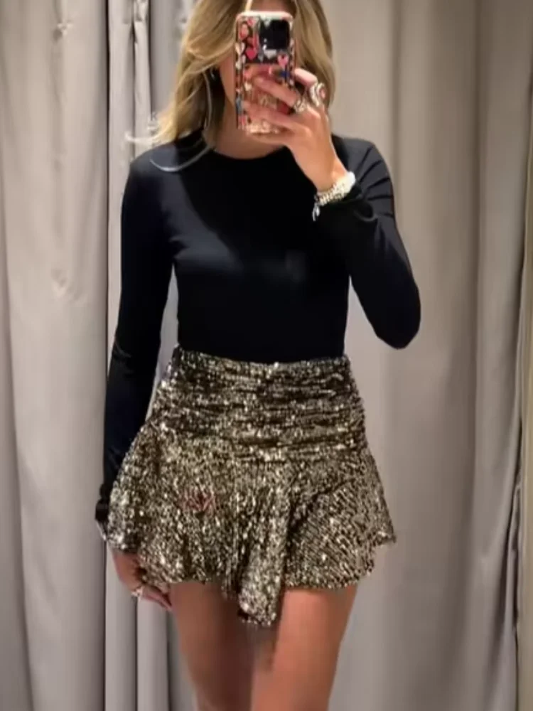 

Sexy Women Sequined Pleated Mini Skirt Fashion High-waisted Irregular Hem A-line Short Skort Lady 2026 Lady Party Club Skirts