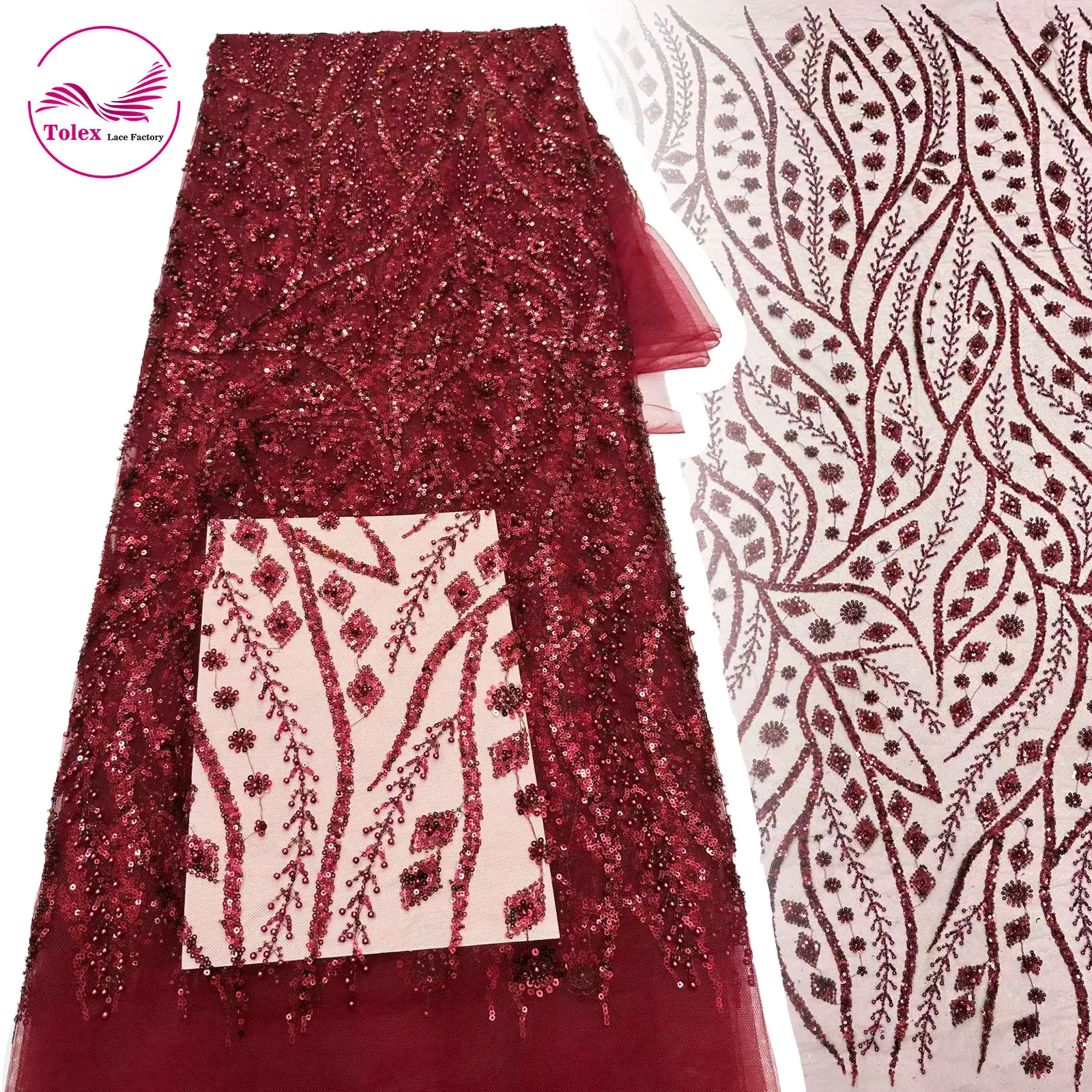 

5 Yards Gorgeous African Sequins Lace Fabric 2026 High Quality Red French Mesh Lace Nigerian Beaded Lace Fabric For Dress Sewing