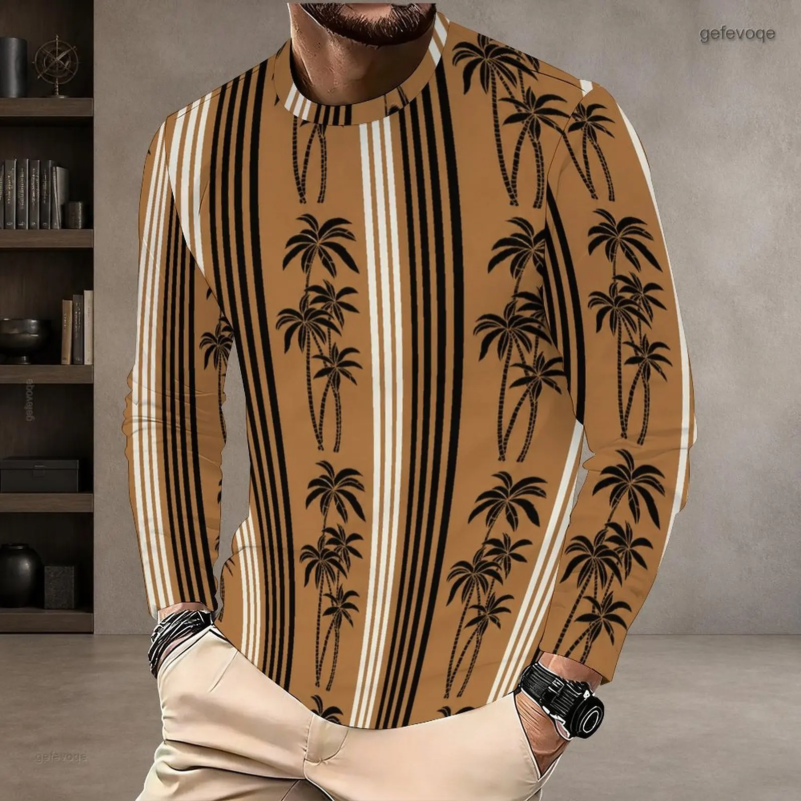 Men's Camel Brown Printed Black Palm Tree White Vertical Stripe Round Neck Long Sleeve T Shirt