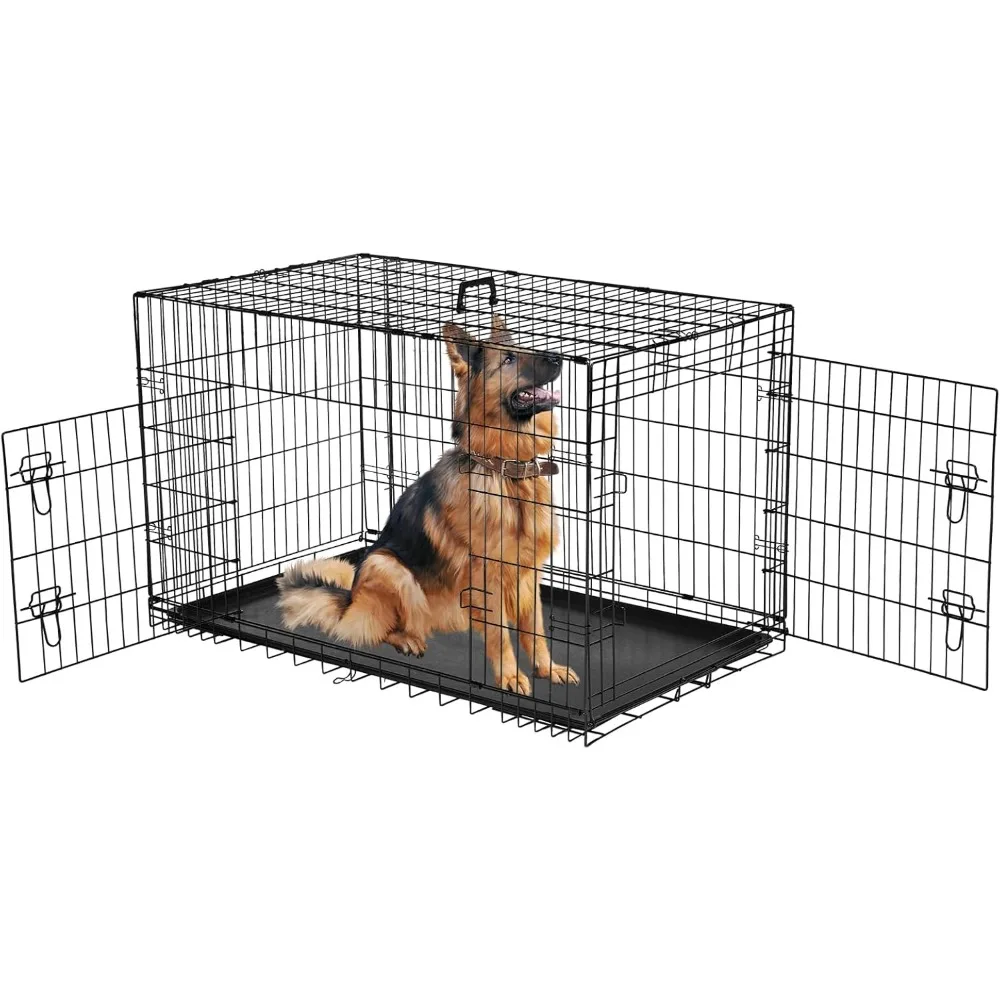 

Dog Crate, 42 Inch Large Wire Kennel with Divider Panel, Metal Cages with Double Door, Leak-Proof Pan Tray, Folding Portable for