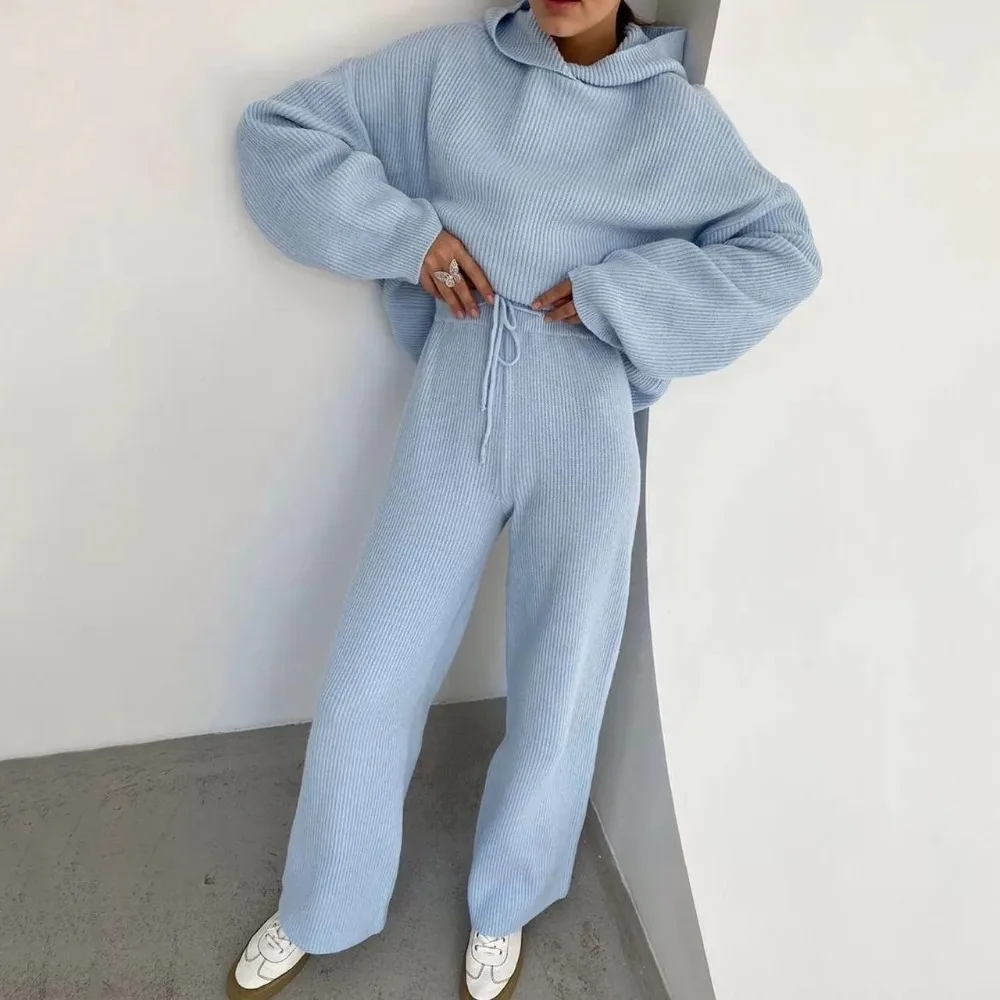 

2025 Autumn Two Piece Set Tracksuit Women Hooded Pullover Top Wide Leg Pants Knitted Sweat Suit Lounge Wear Outfits Suits Pants