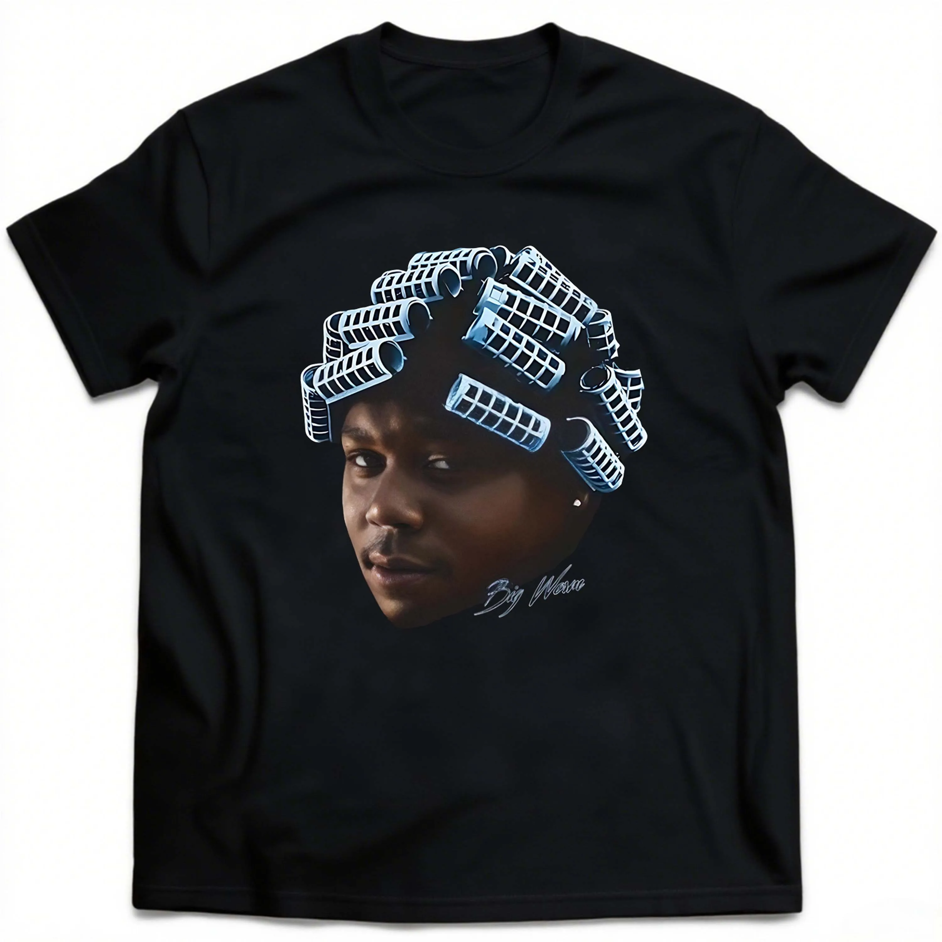 Camiseta preta de manga curta plus size com padrão de cabelo curvado para homens adequada para lazer ao ar livre no verão