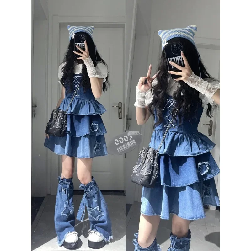 Fashion White Lace Puff Sleeve Shirt Bandage Pleated Denim Suspender Dress Women Y2k 2024 Sweet Lolita Dress Suit Plus Size